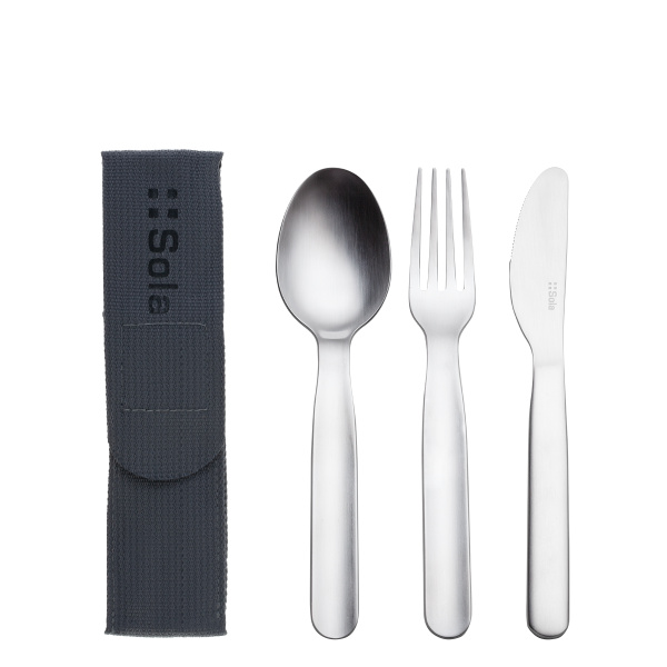 Set di posate 3 pezzi in borsa grigio con logo SOLA