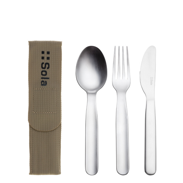 Set di posate 3 pezzi in borsa beige con logo SOLA