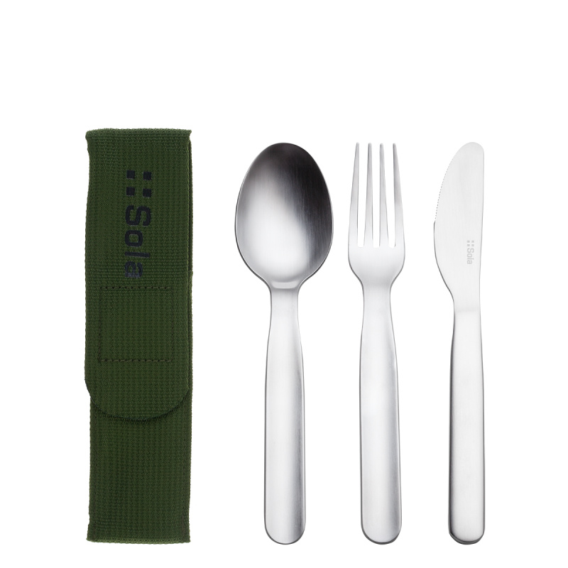 Set di posate 3 pezzi in borsa oliva con logo SOLA