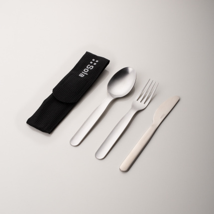 Cutlery set 3 pcs in black bag with SOLA logo