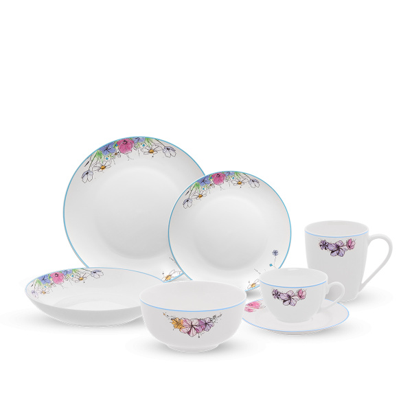 Set in porcellana 28 pezzi Meadow Flowers con bordo blu - Flow