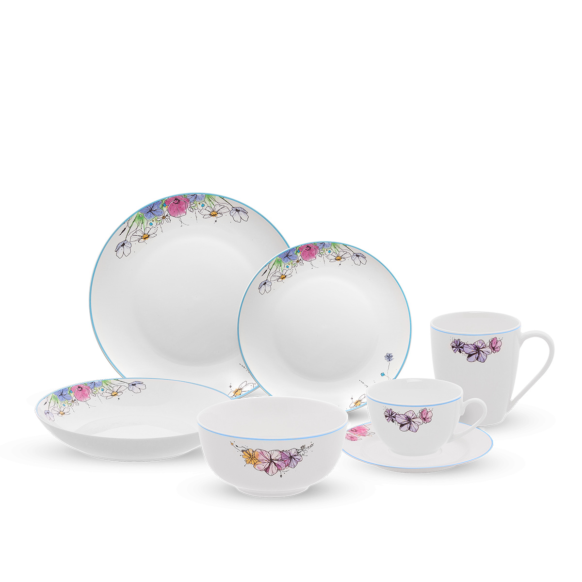 Et en porcelaine de 28 pièces Meadow Flowers avec bord bleu – Flow
