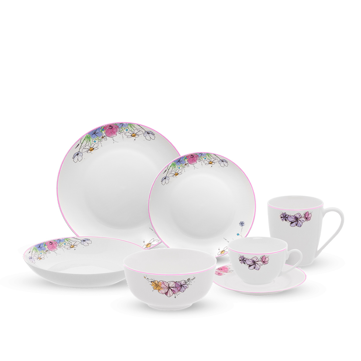 Set in porcellana 28 pezzi Meadow Flowers con bordo rosa - Flow