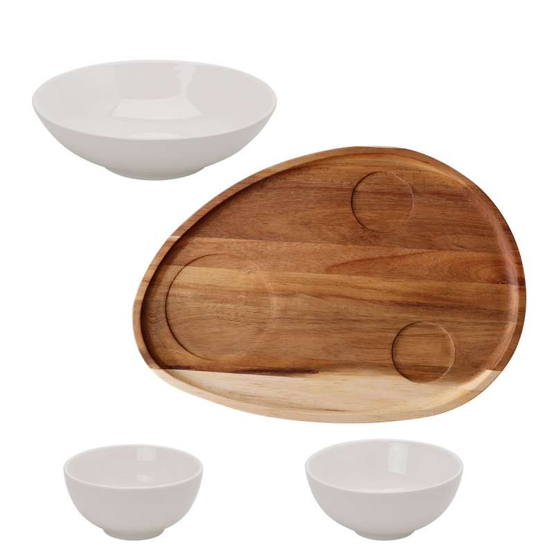 Flowl set – Gaya Atelier bowls white + Triangle tray acacia