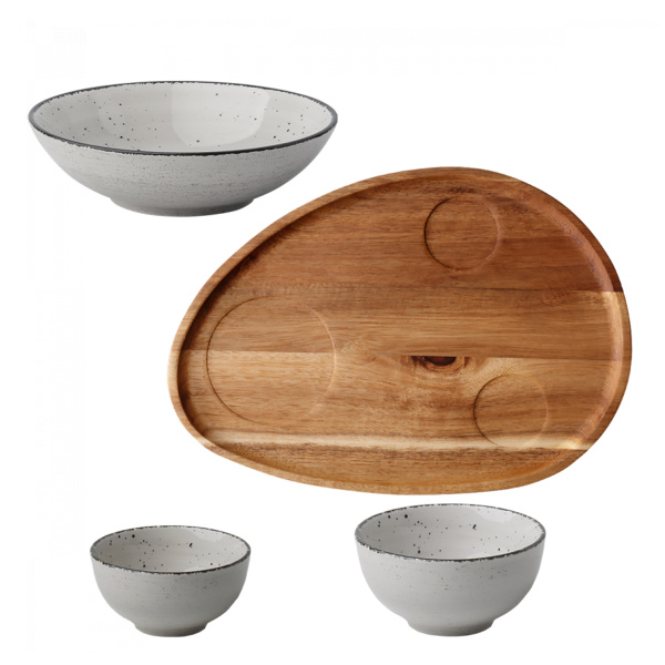 Set Flowl – Ciotole Gaya Atelier grigie spruzzate + Vassoio Triangle Acacia