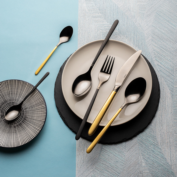 16-Piece Cutlery Set — Porto PVD dark titanium / gold sandblasted