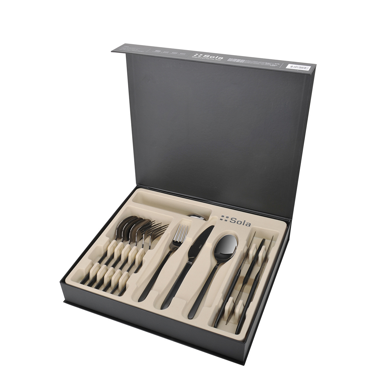 Set di posate 16 pezzi — Porto PVD titanio scuro / nero sabbiato