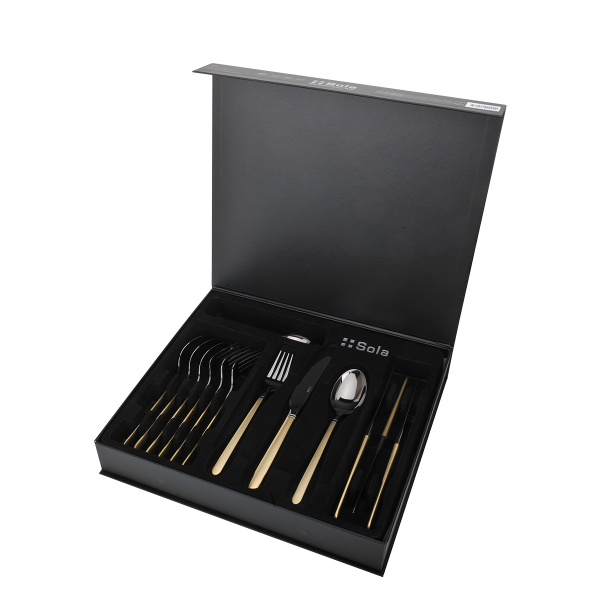 Set di posate 16 pezzi — Porto PVD titanio scuro / oro sabbiato