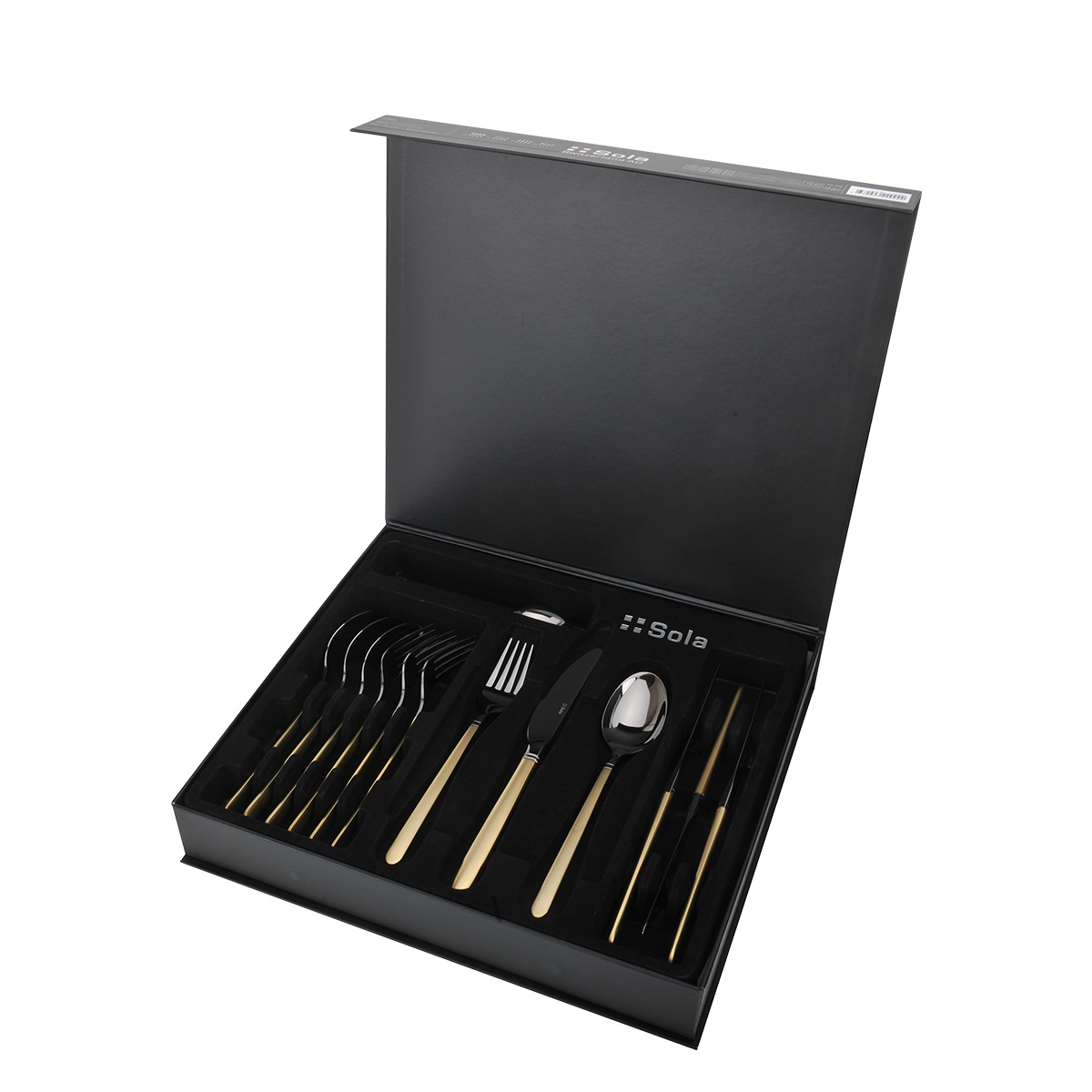 Set di posate 16 pezzi — Porto PVD titanio scuro / oro sabbiato