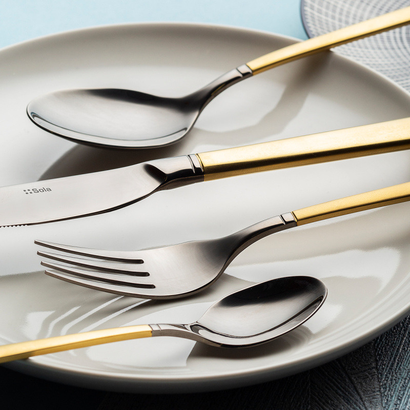 16-Piece Cutlery Set — Porto PVD dark titanium / gold sandblasted