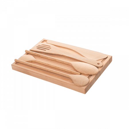 Holzküchenset 6-tlg. Holzbesteck und Schneidebrett - Basic