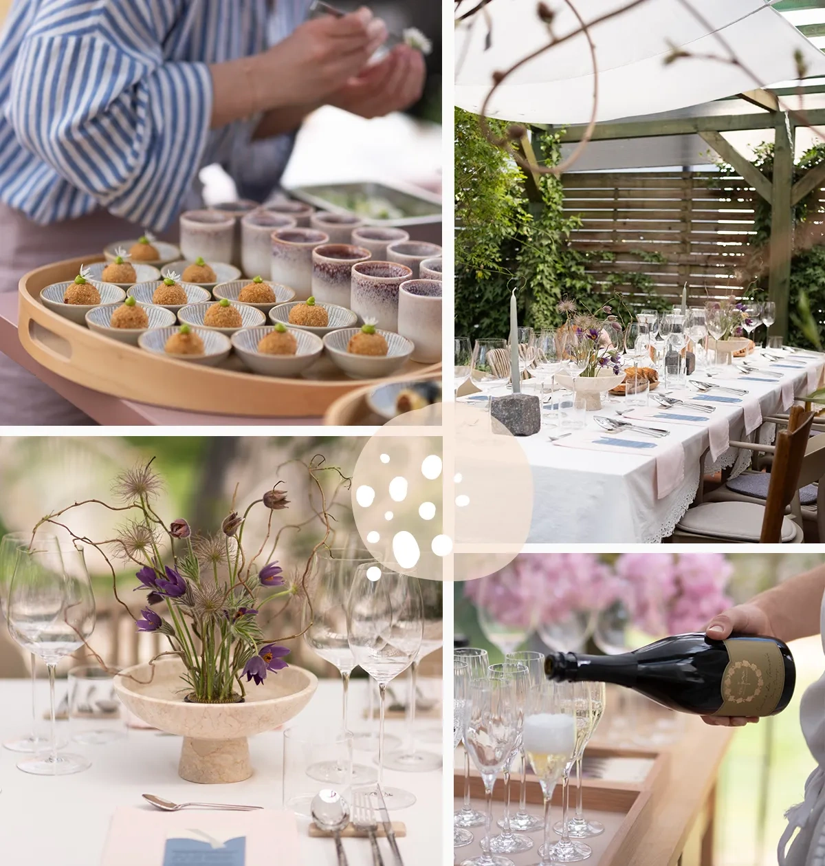 Une table dressée, le service de l’amuse-bouche, le service du champagne et un détail du vase avec des fleurs au centre de la table