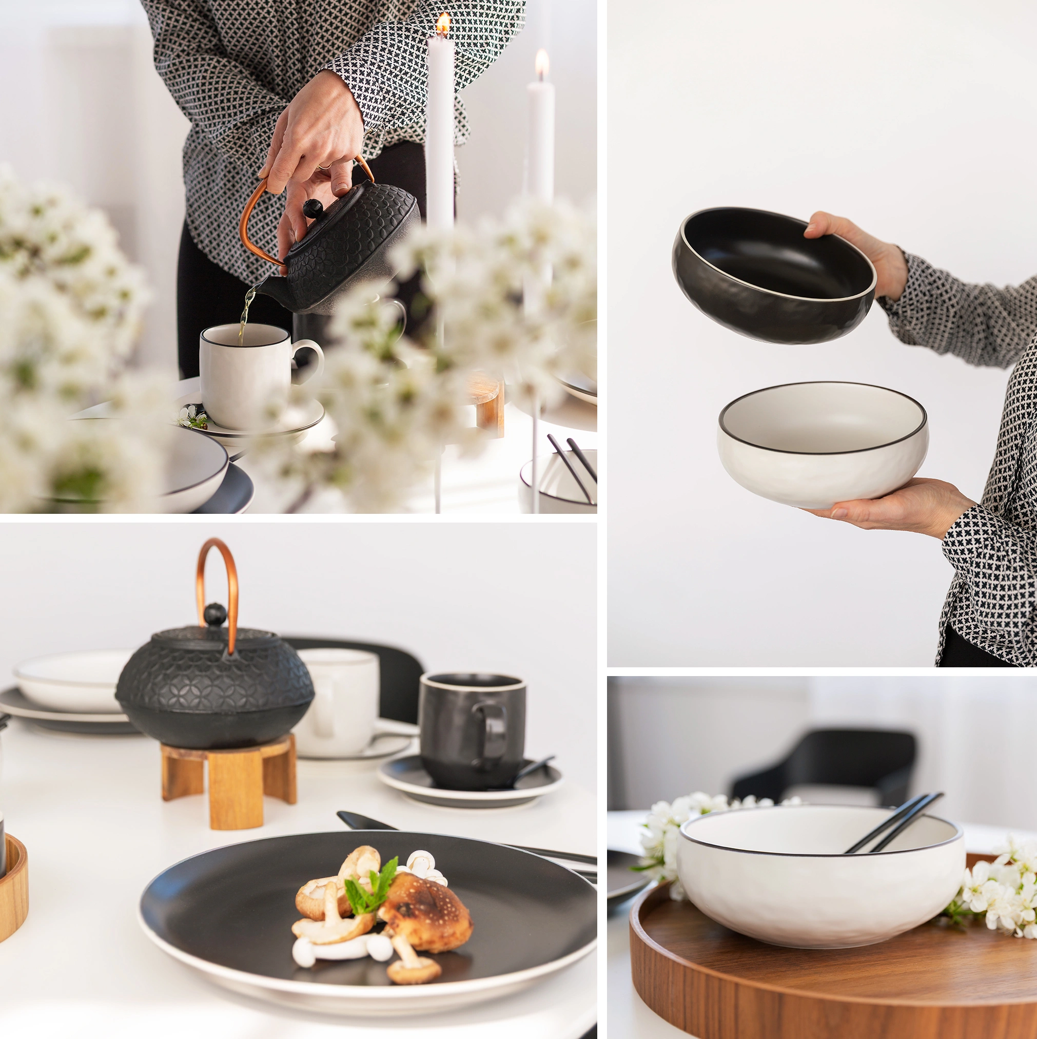 Collage of black-and-white porcelain, a teapot and a set table