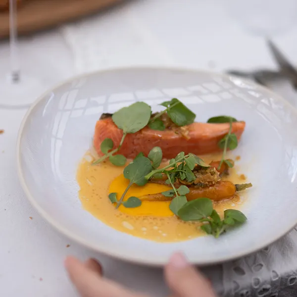 Saumon aux carottes de printemps et aux herbes, sur une assiette Elements North organic