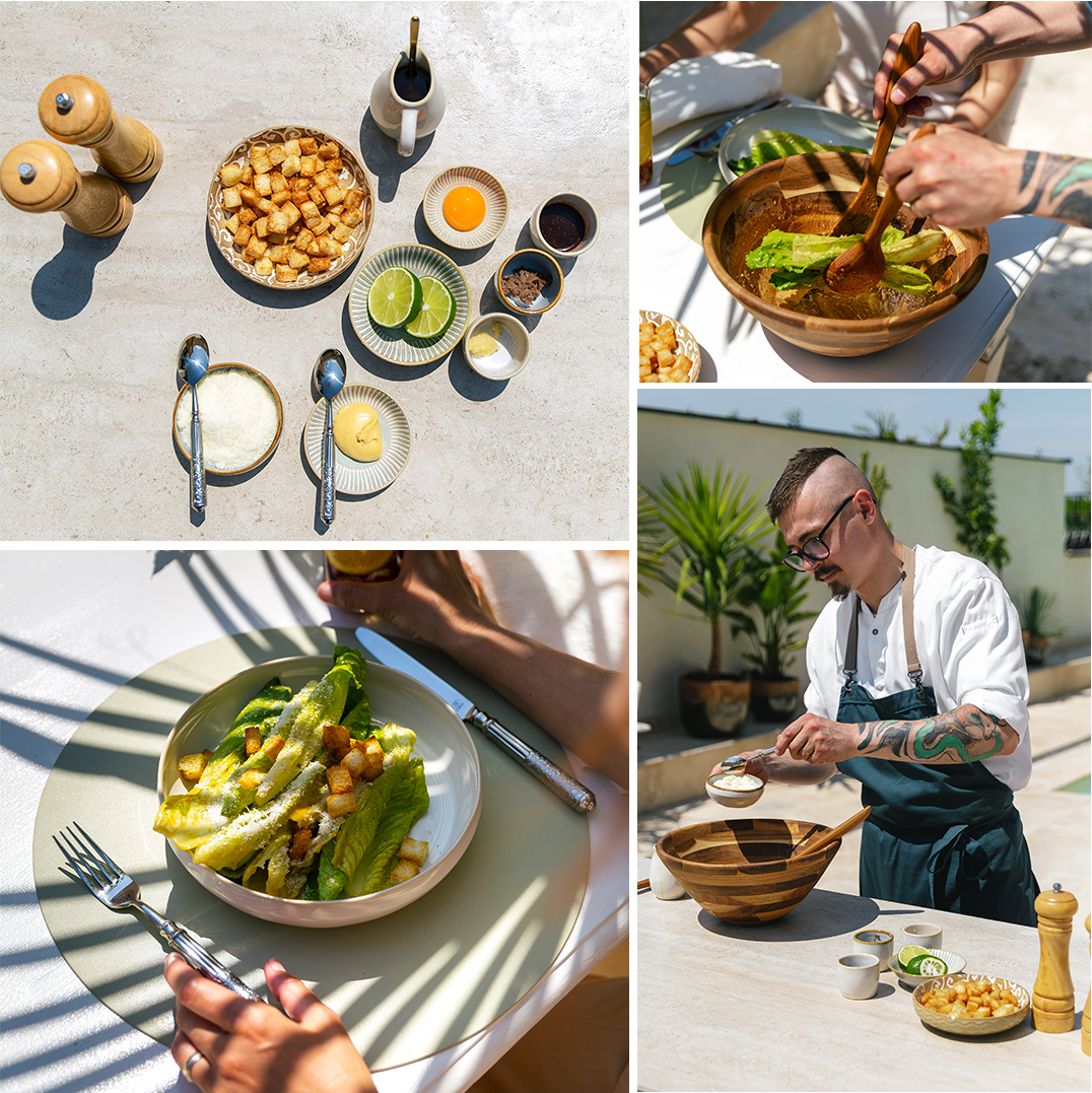 Collage della preparazione dell’insalata Caesar con crostini, ingredienti e uno chef 