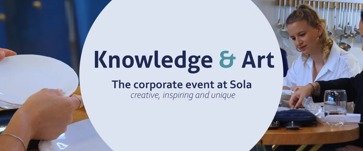 Banner with the text Knowledge and Art about a corporate event at Sola Switzerland, with people painting porcelain 