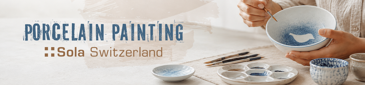 Banner with the text Porcelain Painting at Sola Switzerland, with hands painting a porcelain bowl and paintbrushes on the table