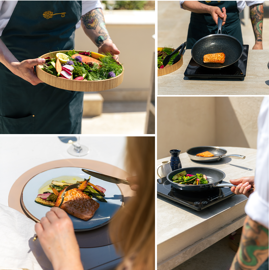 Collage der Zubereitung und des Servierens von gegrilltem Lachs mit Gemüse 