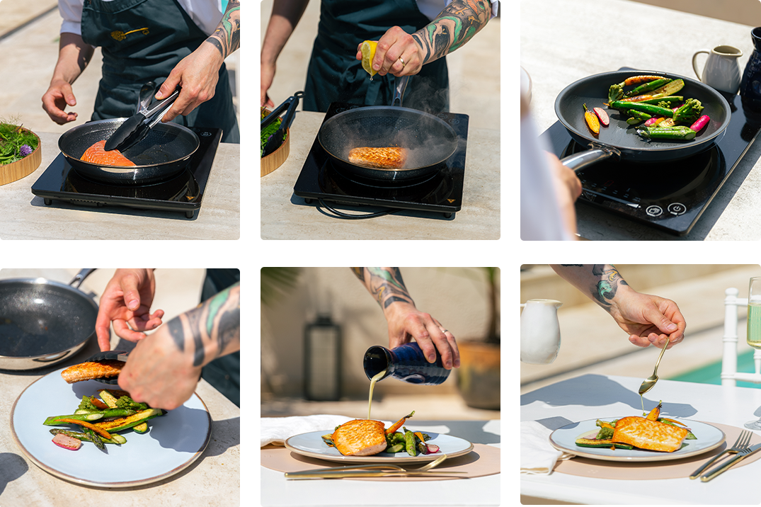 Collage der Zubereitung von gegrilltem Lachs, vom Anbraten bis zum finalen Servieren 