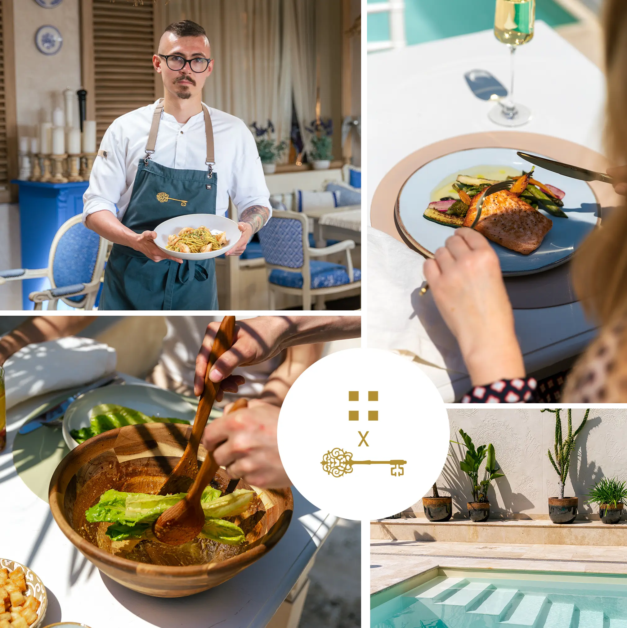 Collage vom Speisen im Freien am Pool mit einem Chefkoch, angerichteten Gerichten und exotischen Pflanzen 